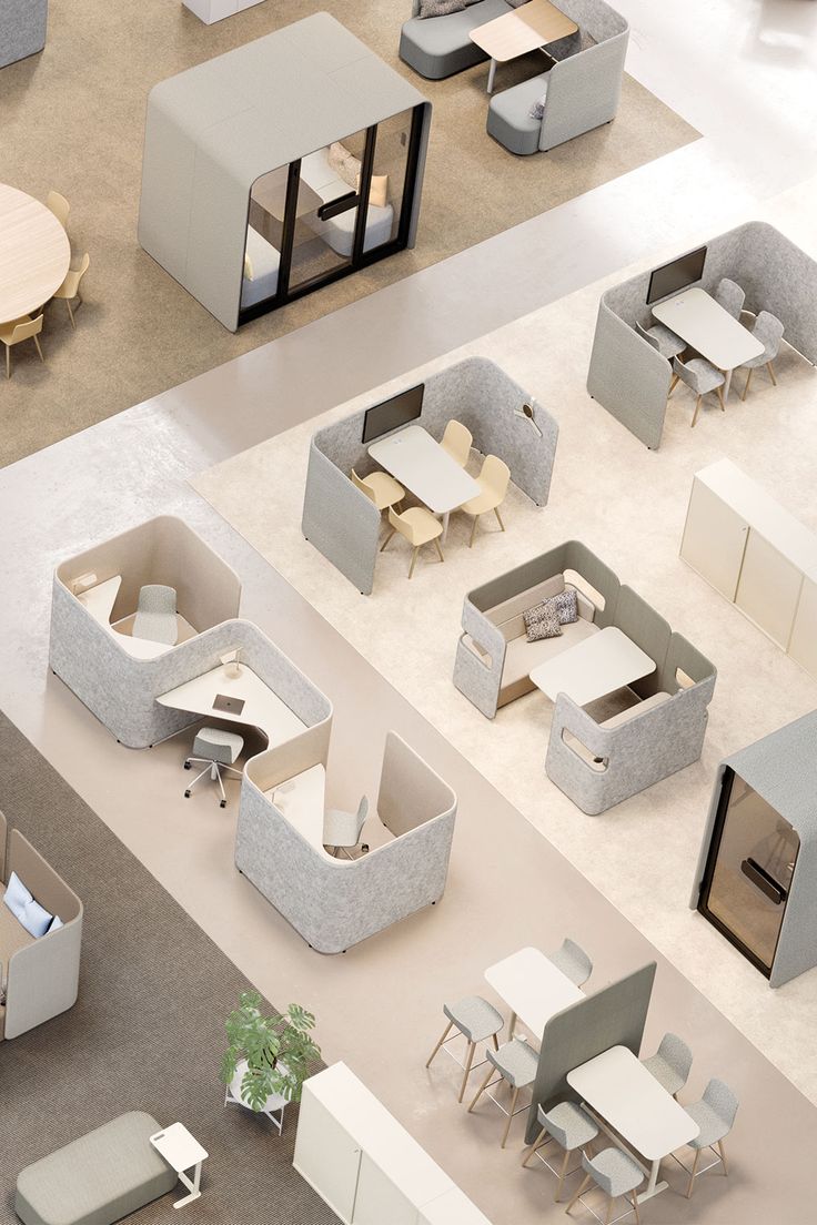 Work environment furnished with Pod products Individual Office Design, Work Pods Design, Innovative Workplace Design, Office Pod Design, Interior Designer Workspace, Common Space Office, Community Office Space, Staff Room Ideas Offices, Corporate Office Design Ideas