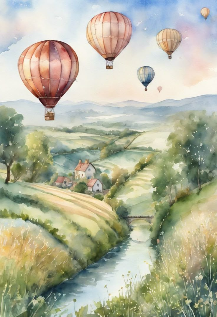 watercolor painting of hot air balloons flying over a rural landscape with houses and stream