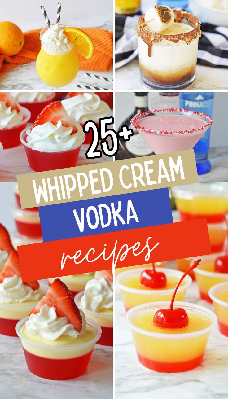 various desserts with whipped cream and fruit in them, including oranges, strawberries, and lemonade