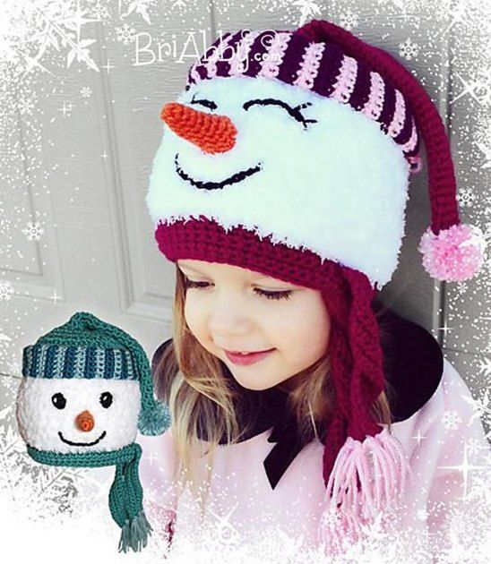 a girl wearing a knitted hat with a snowman on it and the text pattern only