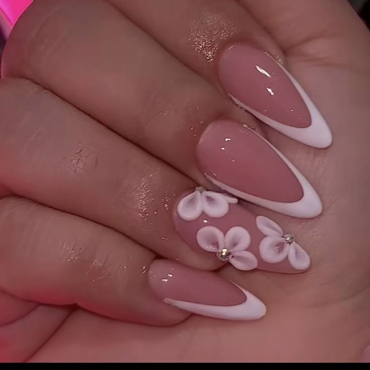 Short Almond Nails Asian, Pink And White Nails French Almond, White Nails Almond Shape, Almond Nails Designs Pink, Birthday Nails Almond Shape, Almond Nails With Gems, Acrylic Nails Almond Shape, Girly Acrylic Nails, French Tip Acrylic Nails