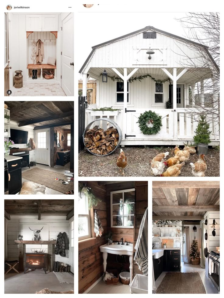 a collage of photos showing the inside of a house with chickens and other things in it