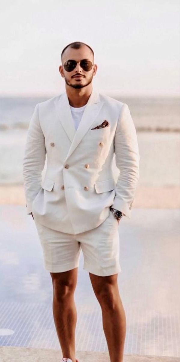 Groom Shorts Suit, Beach Wedding Short Suits For Men, Groom Outfit Beach Wedding Shorts, Linen Wedding Attire, Groom Shorts Beach Wedding, Beach Wedding Groom Attire Shorts, Beach Wedding Groom Attire Casual Khakis White Shirts, Linen Men Outfit, Blazer E Short