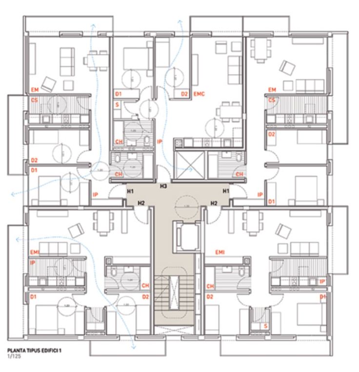 the floor plan for an apartment building with four floors and three balconies on each level