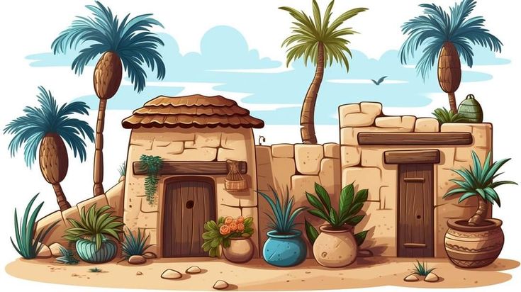 an adobe house surrounded by palm trees and potted plants in front of it on a white background