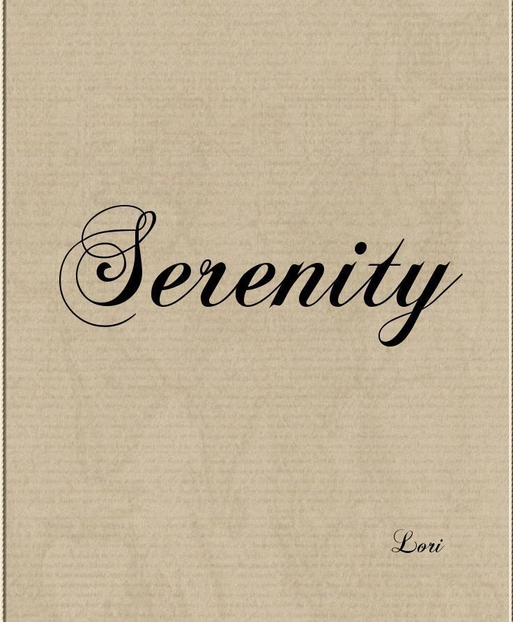 the word serenity written in cursive writing on a beige background with black ink