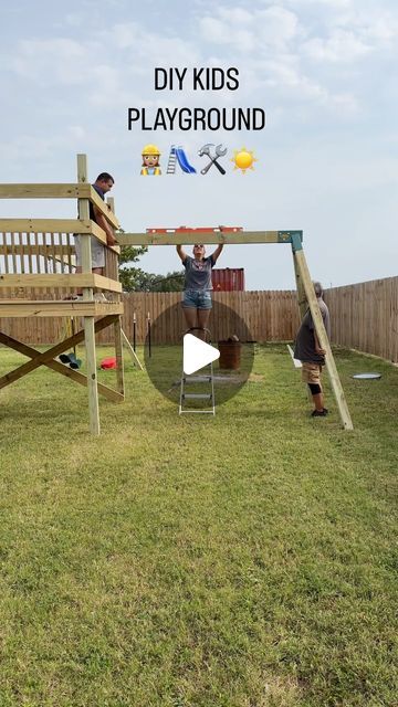 two children playing in a backyard with the words diy kids playground on it's screen