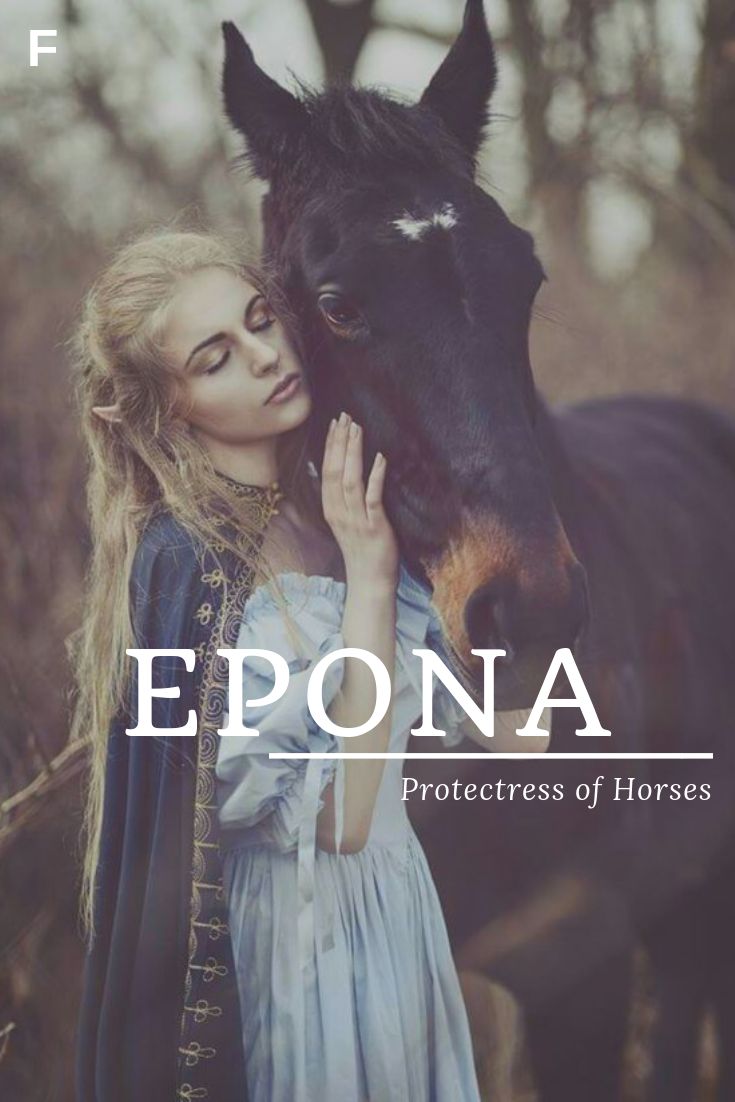 a woman standing next to a horse with the caption epona protectress of horses