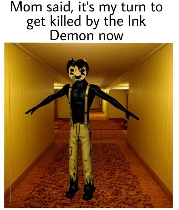 a cartoon character is standing in the hallway with his arms spread out, and there is text that reads mom said, it's my turn to get killed by the link demon now