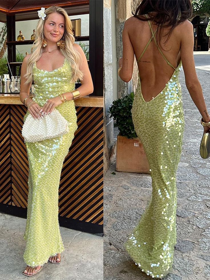 two pictures of a woman in green sequins, one showing the back of her dress