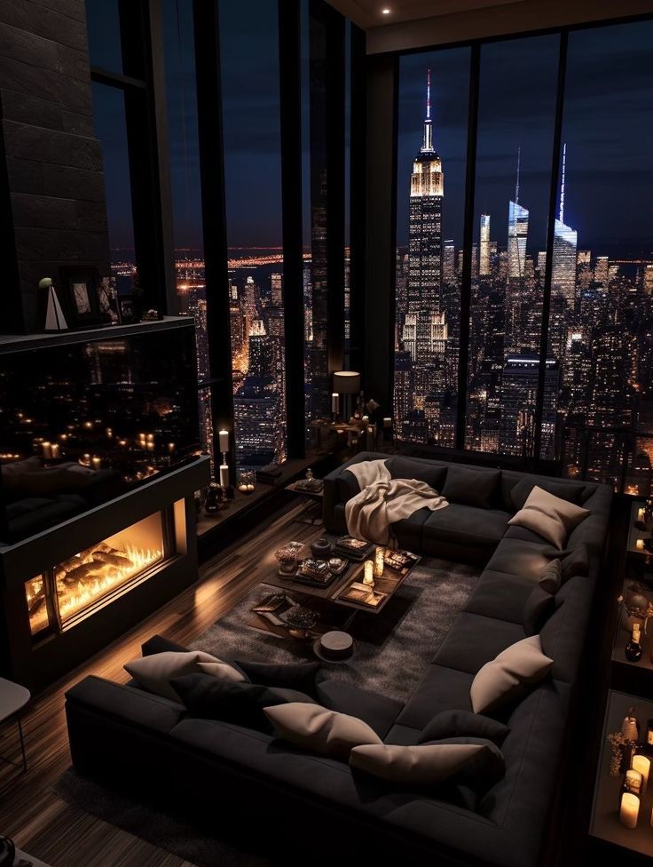 a living room filled with lots of furniture and tall buildings in the background at night