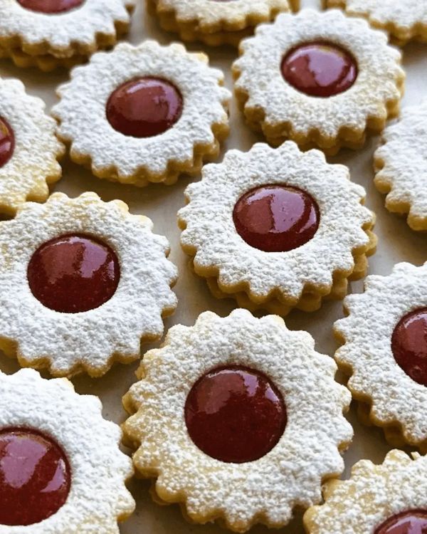 small cookies with jelly in the middle on a table