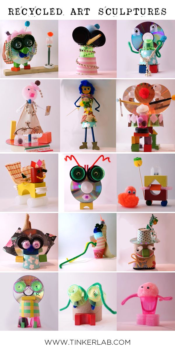 many different pictures of various items made out of clay and paper with text overlay that says recycled art sculptures