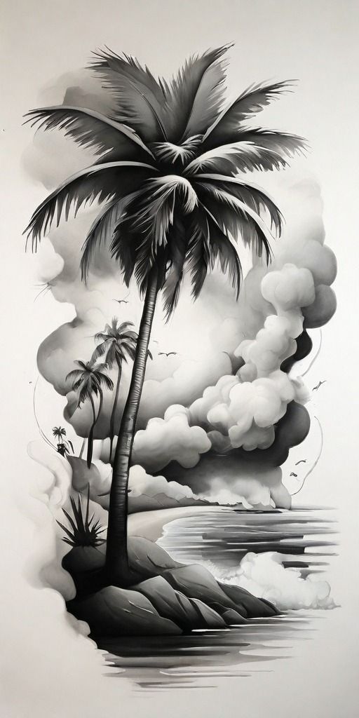 a black and white drawing of a palm tree on an island with clouds in the background