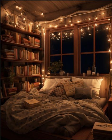 a bedroom with lights strung from the ceiling and bookshelves on the windowsill