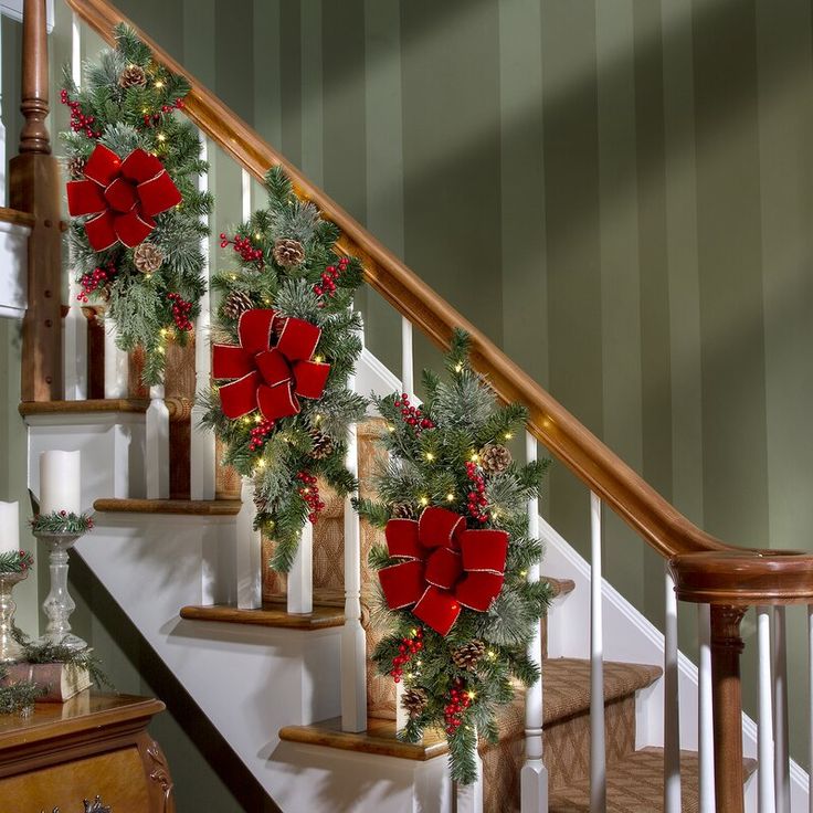 christmas decorations on the banisters and stairs