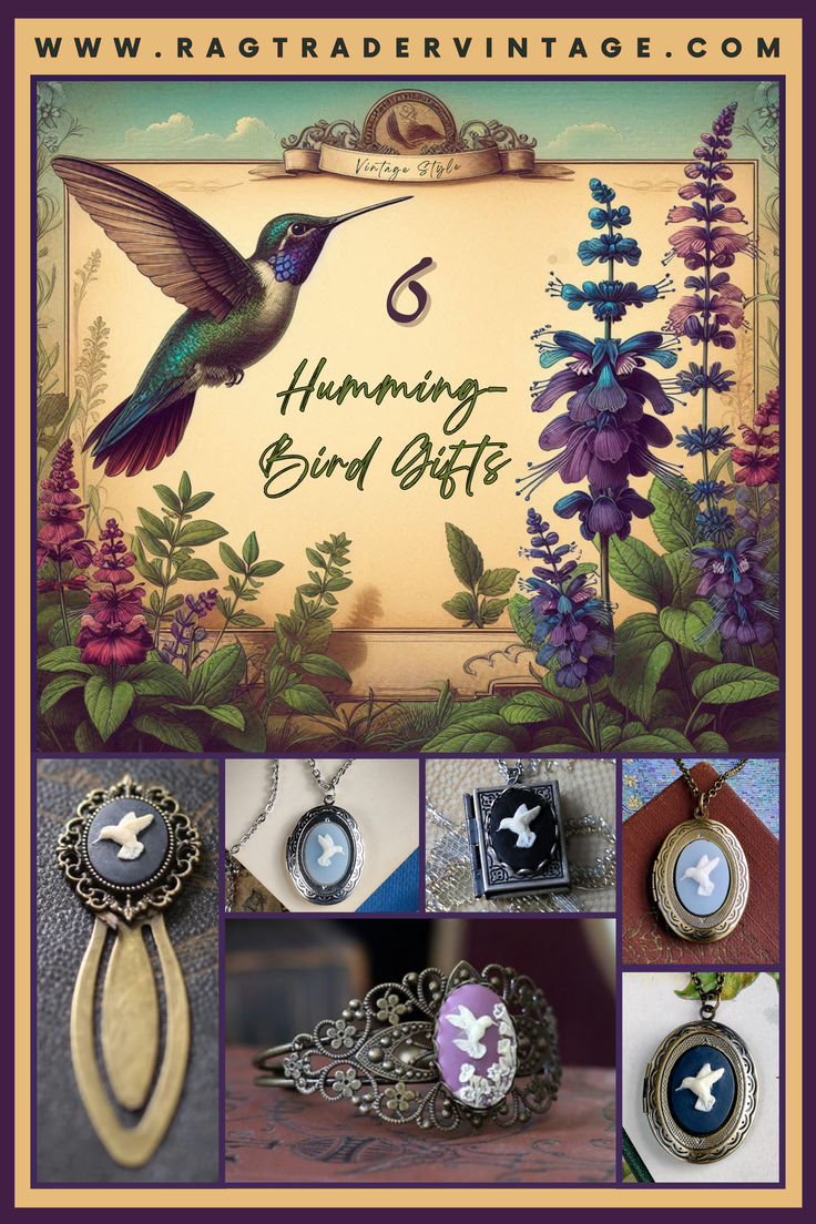 Our vintage style pin shows a lovely drawing of a green and blue hummingbird flying towards colorful flowers. Find the perfect gift for the bird lovers in your life with Ragtrader’s collection of hummingbird lockets, bracelets and bookmarks. Pair your hummingbird items with a charming telescope or monocle pendant necklace to layer on a bird-watching theme. Embrace those feathered dreams with the hummer-inspired items that will come in a gift box ready to share. Vintage Gardens, Gardener Gifts, Hummingbird Gifts, Typewriter Keys, Good Luck Gifts, Vintage Typewriter, Bird Gifts, Feather Pendant, Bird Jewelry