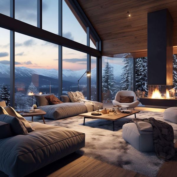 a living room filled with furniture and a fire place in front of large windows overlooking the snow covered mountains