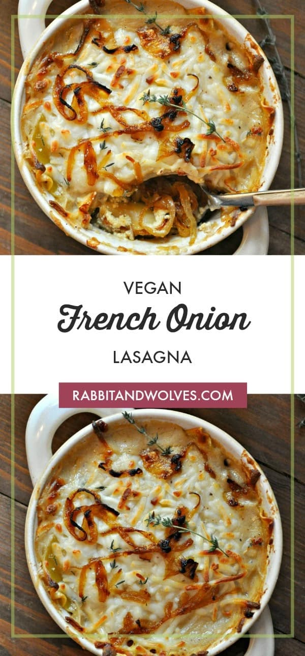 vegan french onion lasagna in a casserole dish