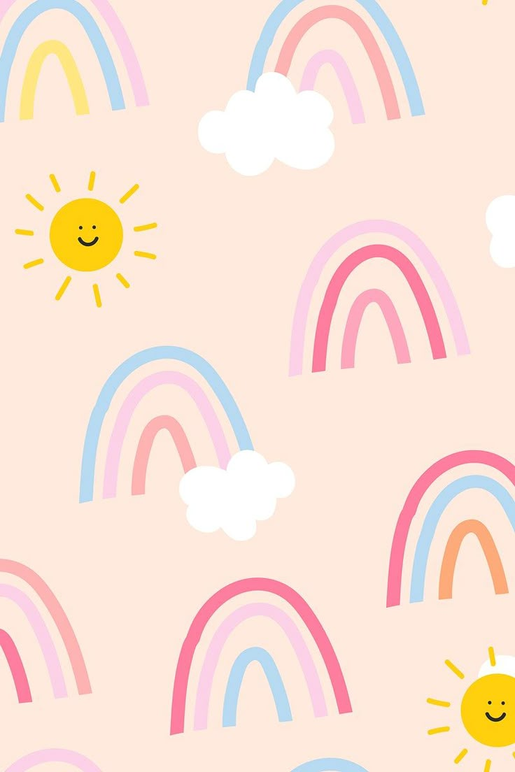 a pink background with rainbows, clouds and sun in the sky for wallpaper