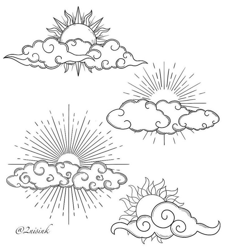 four sun and clouds with one cloud in the middle, two are black and white