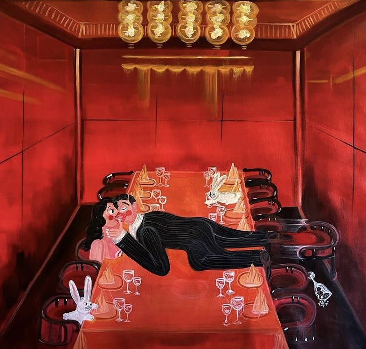 a painting of a man laying on a table with wine glasses in front of him