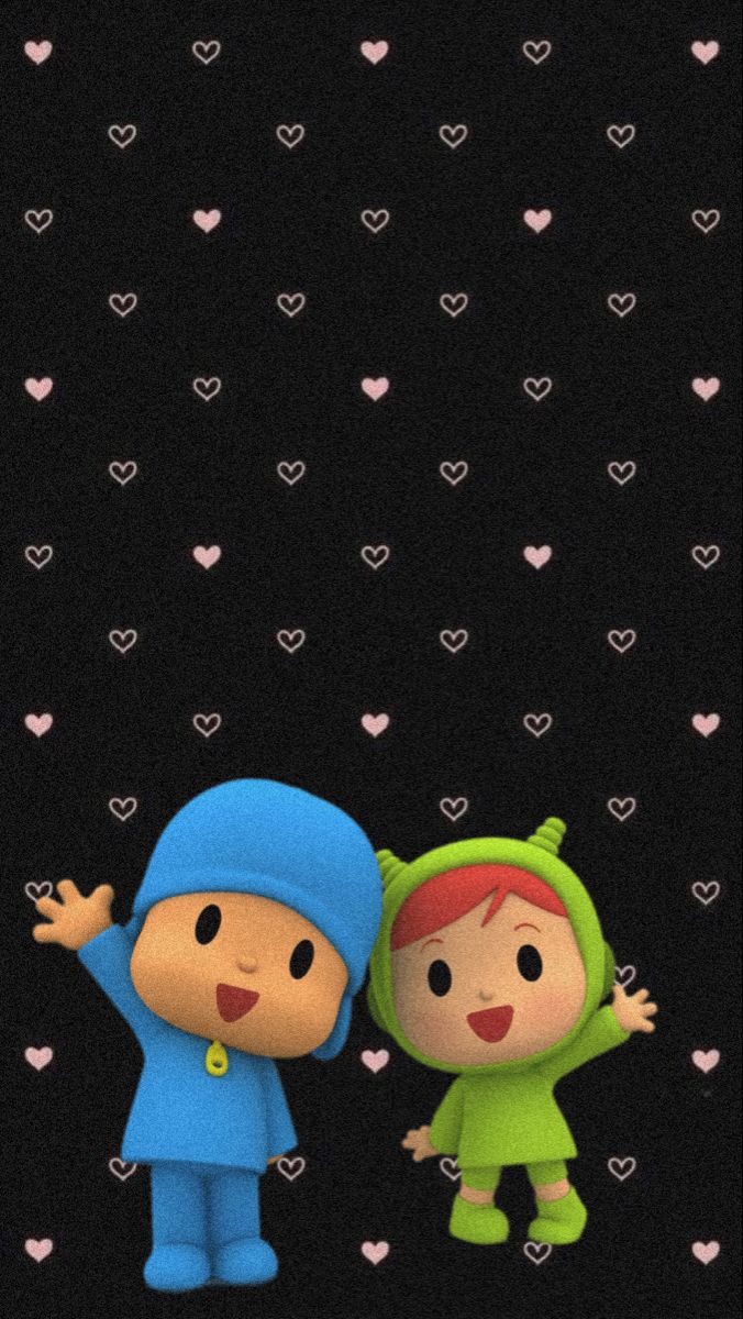 two little kids standing next to each other in front of hearts on a black background