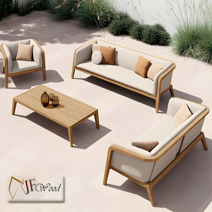 a group of furniture sitting on top of a cement ground