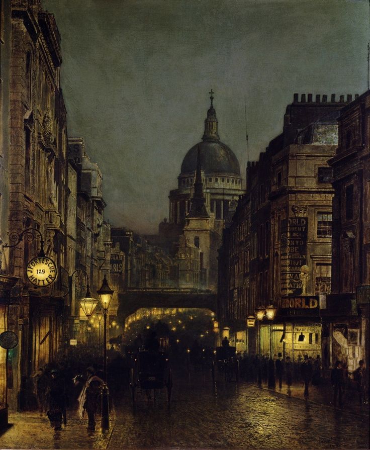 a painting of people walking down a city street at night with buildings in the background