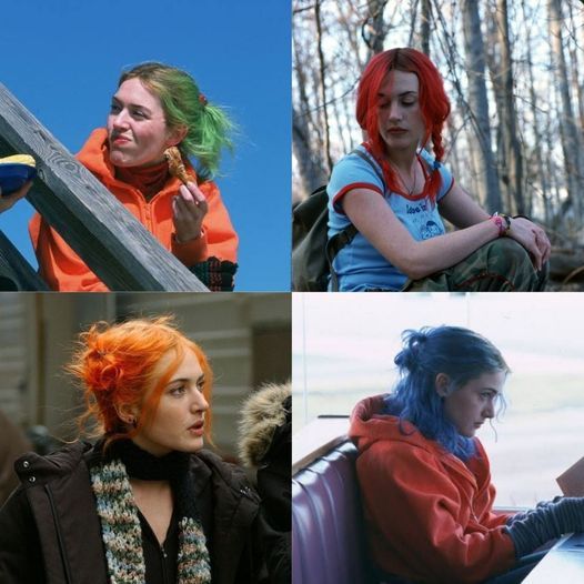 The color of Clementine’s hair represents the status of her relationship with Joel. 1.GREEN: when they meet for the 1st time & their relationship begins. 2.RED: represents the fiery passion & happiness in the early days of their relationship. 3.ORANGE: the relationship has started to go south. It represents the fading away of desire from the early days of their relationship. 4. BLUE: represents the freshness of starting over, but perhaps also the sadness of her & Joel splitting up Sunshine Of A Spotless Mind, Clementine Eternal Sunshine, All Hair Colors, Eternal Sunshine Of The Spotless Mind, Jim Carrey, Eternal Sunshine, Dye My Hair, Kate Winslet, Blogger Girl