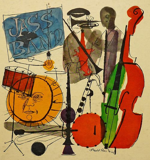 an abstract painting with musical instruments and music notes