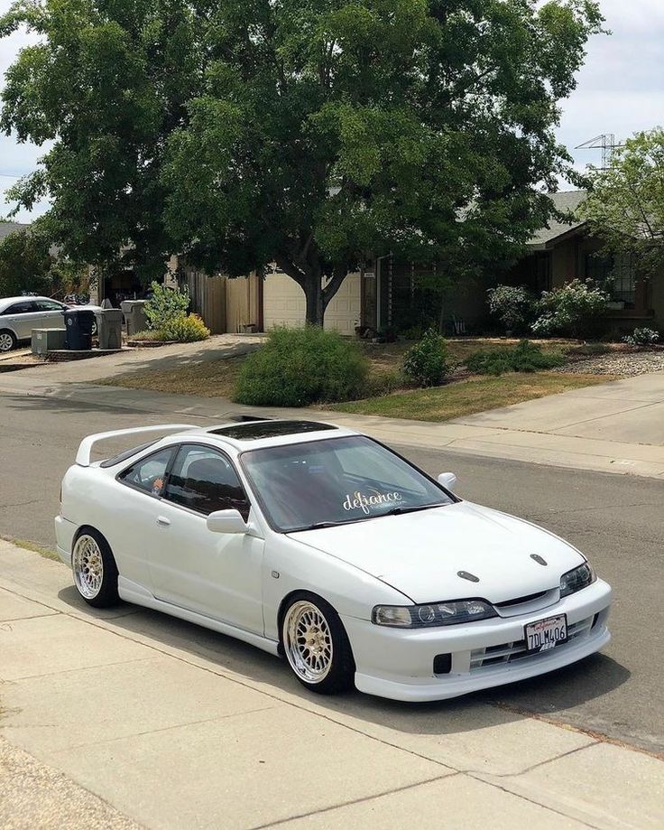 a white car parked on the side of a road next to a tree and bushes