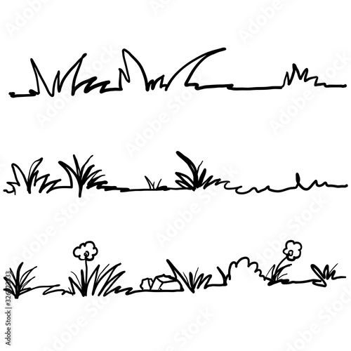 four black and white line drawings of grass, flowers and plants on a white background