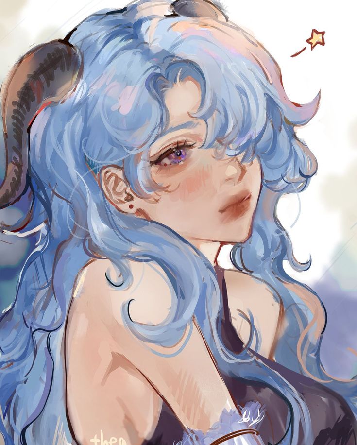 a drawing of a woman with blue hair and horns