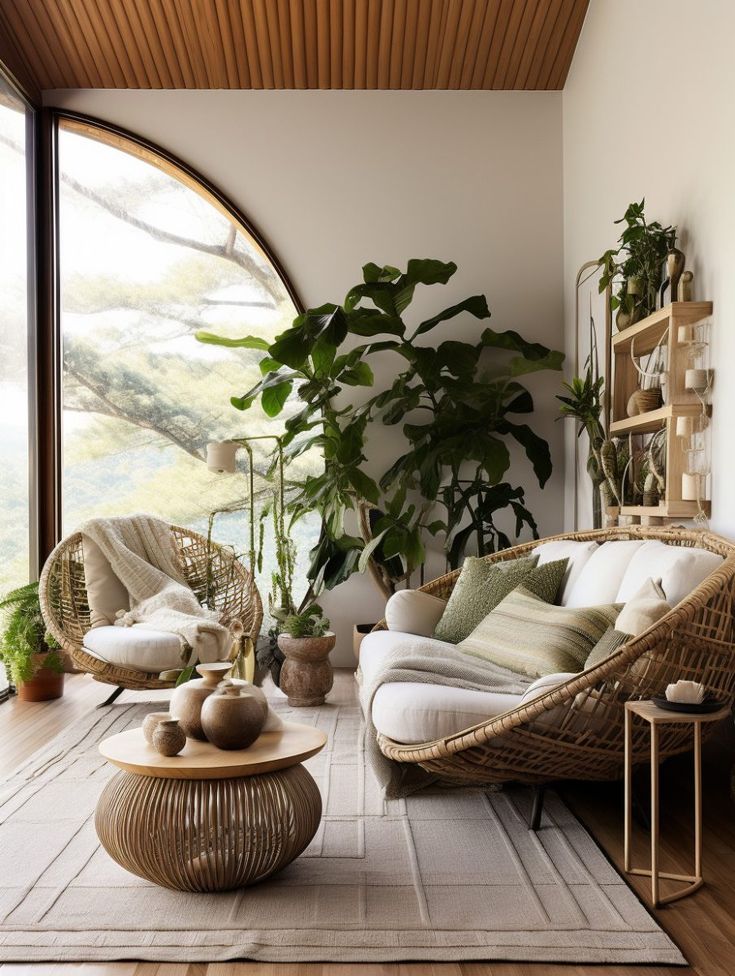 a living room with wicker furniture and plants