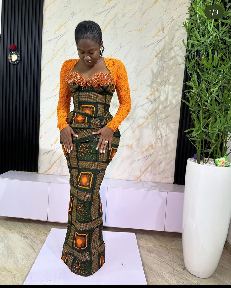 Ankara Dress With Lace Sleeves, Corset Ankara Long Gown Styles, Corset Styles For Ankara, Asobi Style For Lace Gowns, Ankara Styles For Ladies 2024, Corset With Ankara, Plus Size Asoebi Styles, Asoebi Lace Styles Classy 2024 Corset, Asoebi Styles 2024