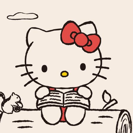 a hello kitty sitting on top of a log reading a book