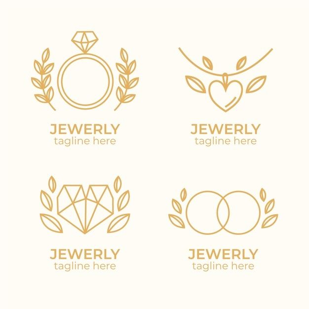 four different logos for jewelry with leaves, diamonds and hearts in gold color on white background