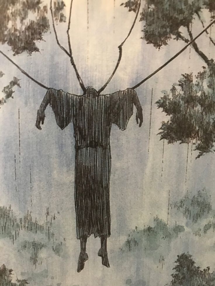 a drawing of a person hanging from a tree in the rain with an umbrella over their head