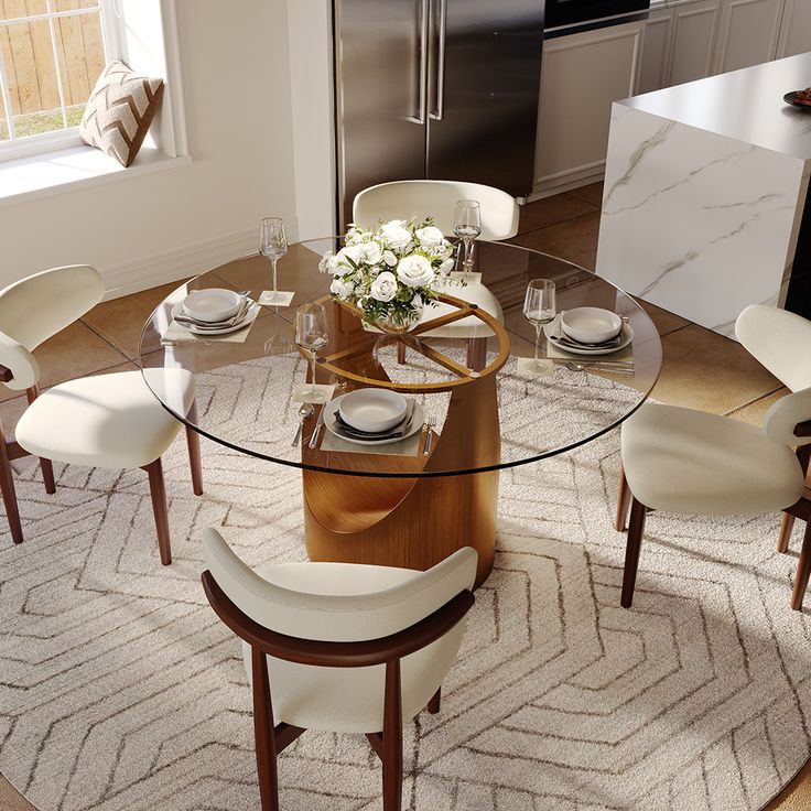 a glass table surrounded by white chairs in a room with an area rug on the floor