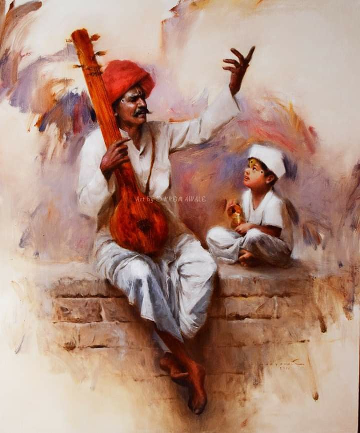 an oil painting of a man playing the guitar with a child sitting next to him