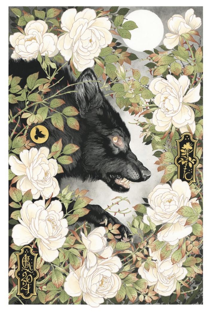 a painting of a black wolf surrounded by white roses and leaves with the moon in the background