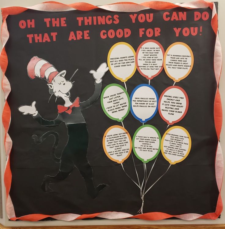 a bulletin board with an image of dr seuss and cat in the hat on it