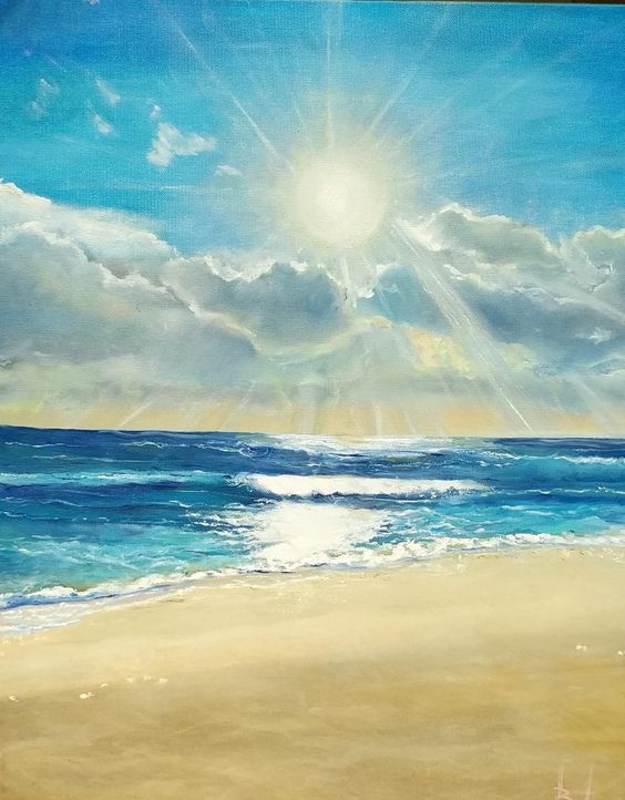 a painting of the sun shining over the ocean