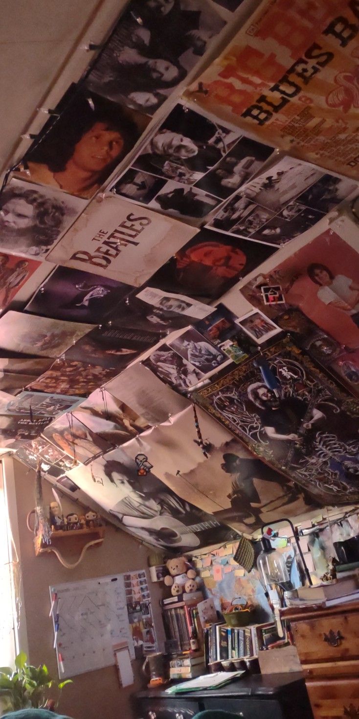 the ceiling is covered with pictures and posters