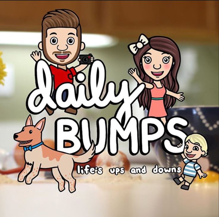 the logo for daily bumps shows two people and a dog on a kitchen countertop