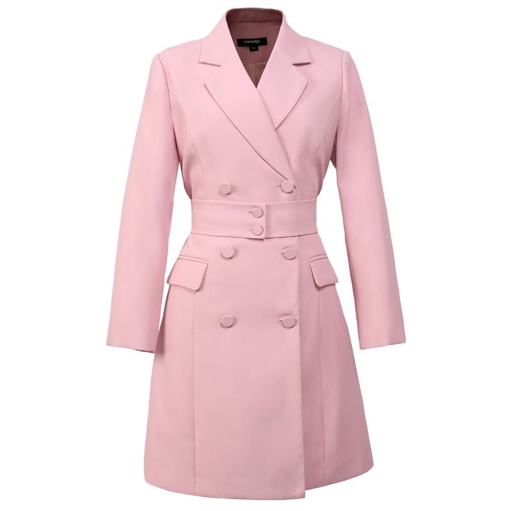 A timeless mid-season piece, this coat remains a safe and modern value. It is embellished here with flaps on the hips, a tailored collar, double buttoning and a wide buckled belt highlighting the waist. An item that is both chic and refined with many possibilities, a must-have for any wardrobe. To wear without moderation as soon as fall arrives. Main material: 100% Polyester. Lining: 100% Polyester.  Hand washing. Low ironing temperature / bleaching prohibited. Do not tumble dry. Luxury Long Sleeve Blazer Dress With Double Button, Fitted Collared Double-breasted Outerwear, Fitted Double-breasted Collared Outerwear, Pink Outerwear With Lapel Collar And Double-breasted Fastening, Formal Spring Pea Coat With Lapel Collar, Pink Double-breasted Outerwear With Hidden Buttons, Elegant Collared Pea Coat For Office, Elegant Office Pea Coat With Collar, Luxury Double-breasted Blazer Dress With Lapel Collar