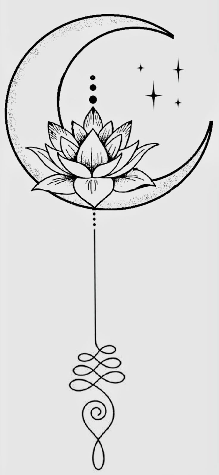 a drawing of a lotus flower and crescent with the moon in the sky above it