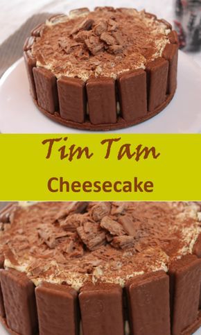 two images of a chocolate cheesecake on a plate with the words tim tam above it