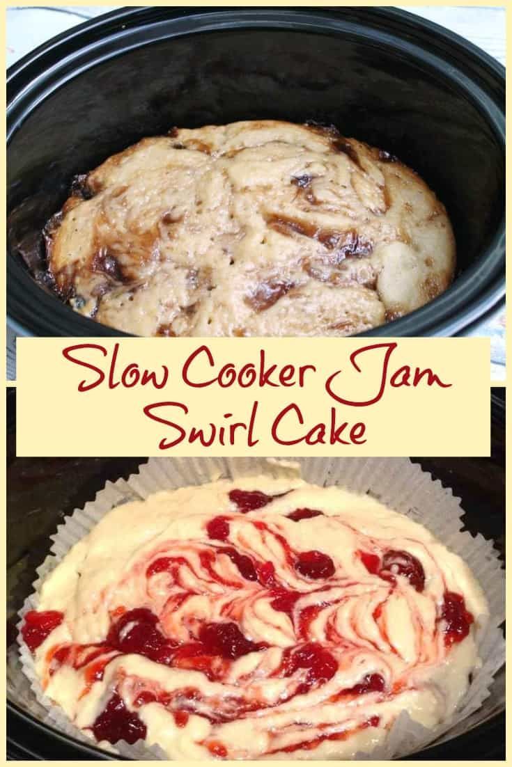 slow cooker jam swirl cake in the crock pot and ready to bake